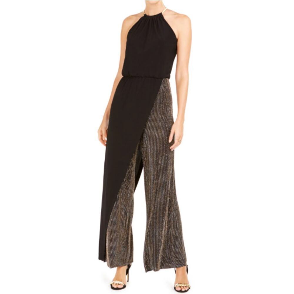 MSK Petite Gold Sequined Sleeveless Halter Wide Leg Jumpsuit 12P